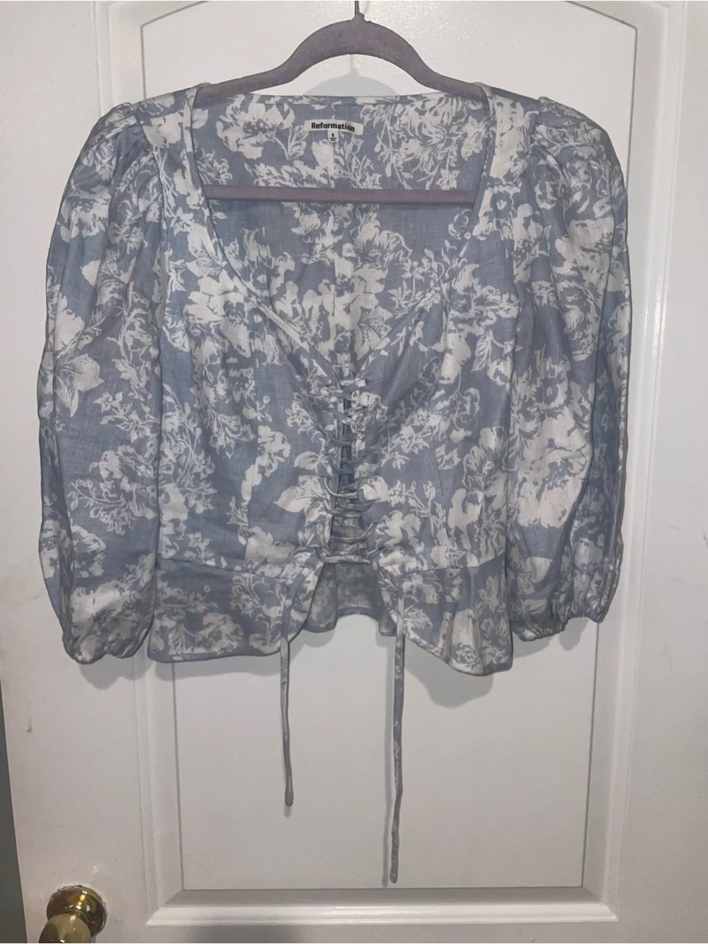 New! Reformation Barrett Linen Lace-Up Floral Top in Blue & White 🩵 Size 6